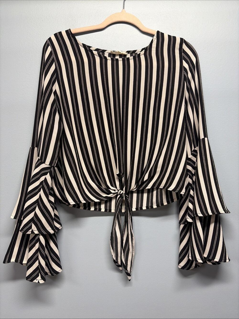 Altar'd State Top Medium Black White Stripe Tiered Bell Sleeves Front Tie